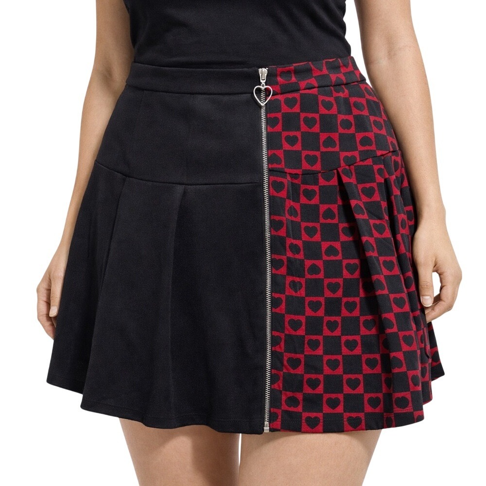 Hot‎ Topic Womens Skirt XL Black Red Heart Checkered Pleated Zipper
